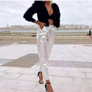 Zara METALLIC Faux LEATHER JOGGERS Trousers High Waist